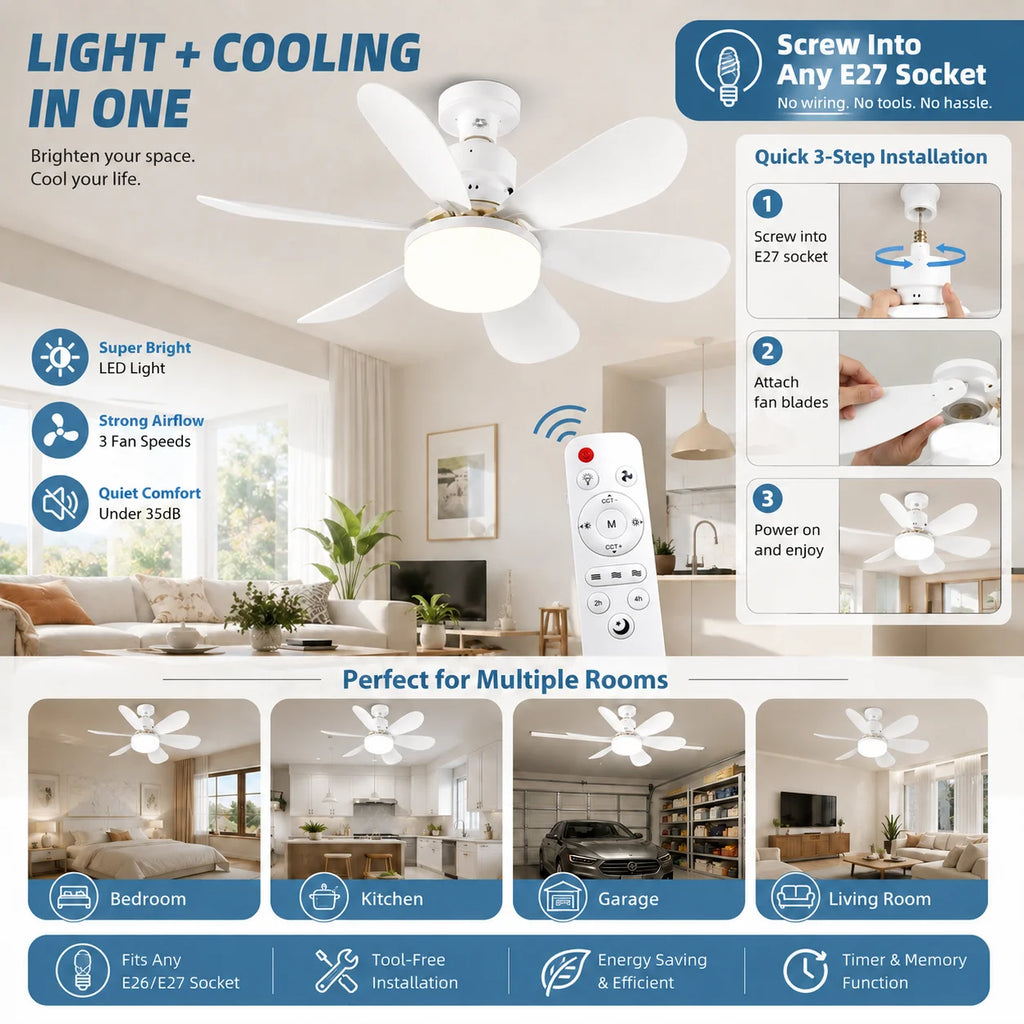 E27 LED Ceiling Fan Light with Remote 3 Color Dimmable Fan Lamp 3000K-6500K for Bedroom Living Room Kitchen Zpaxo