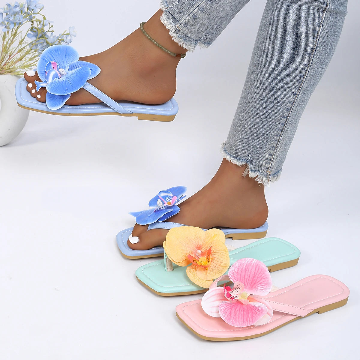 Women Slippers Comfort Beach Flip Flops Clip Toe Flower Decor Summer Zpaxo