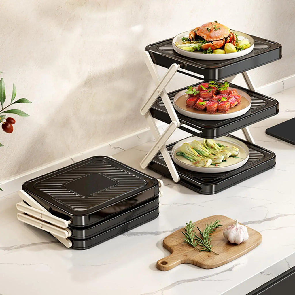 Multi Layer Prep Tray Rack 3 Tier Foldable Space Saving Kitchen