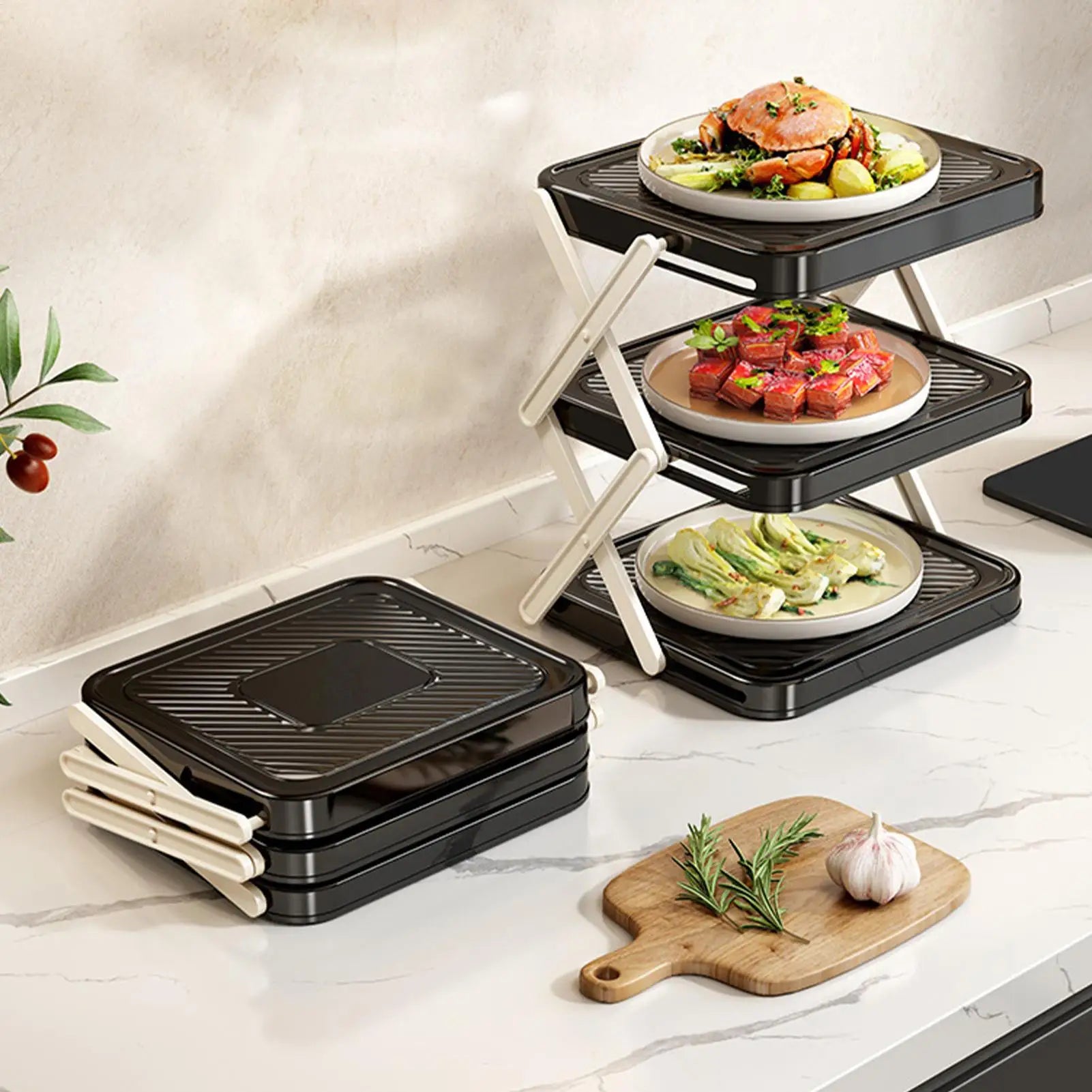 Multi Layer Prep Tray Rack 3 Tier Foldable Space Saving Kitchen