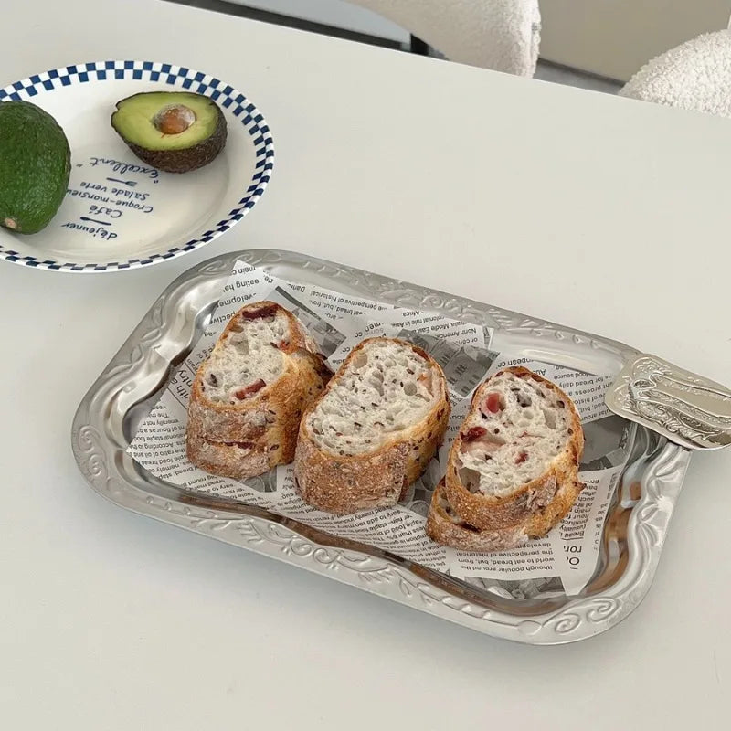 1PCS English-style Vintage Tray Pattern Metal Dining Tray, Household and Commercial Storage Tray, Rectangular Dim Sum Fruit Tray Zpaxo