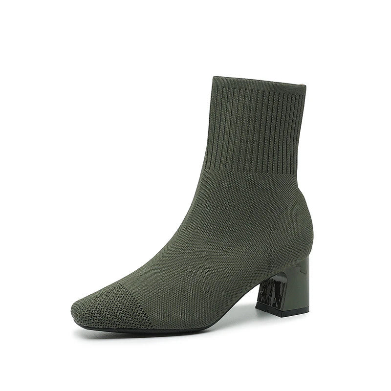 Black Square Toe Knit Sock Boots Elastic Slim Thick Block Heel Heels Zpaxo F550 Green 39 China Mainland