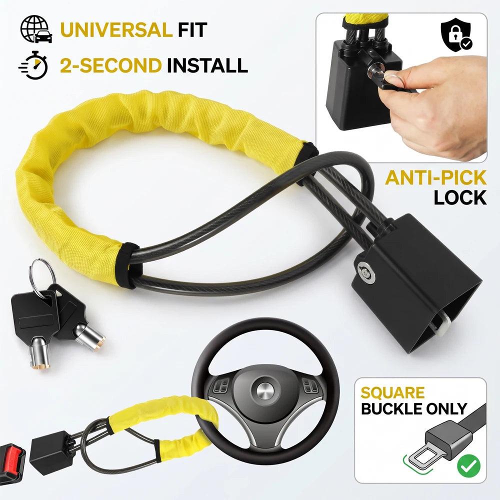 Car Steering Wheel Lock Anti Theft Seat Belt Braided Steel Cable