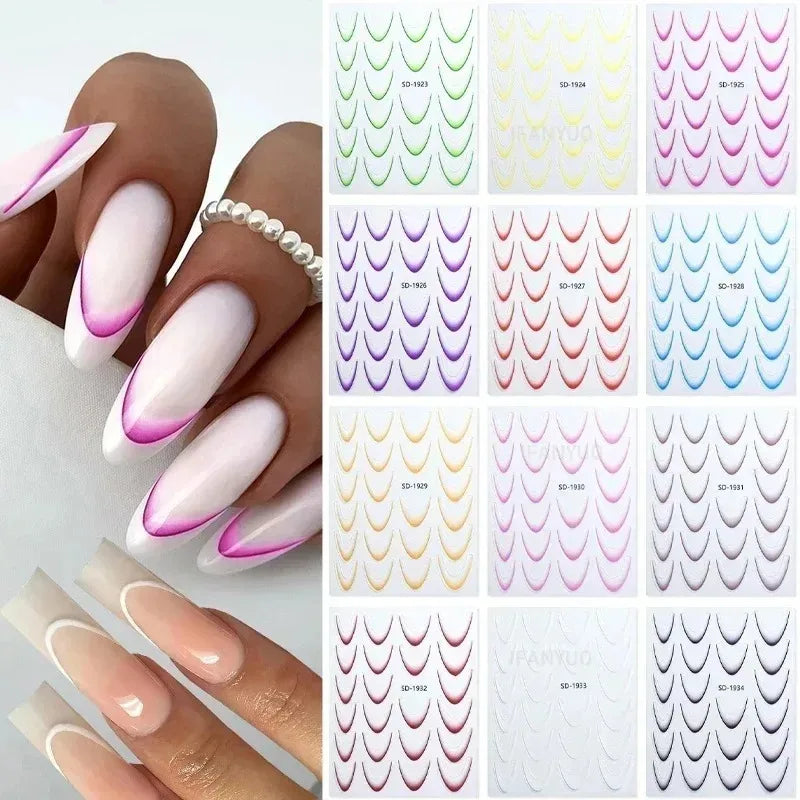 French Gradient Line Nail Art Stickers 3D Self-Adhesive White+Black Slider Design Nail Tip Stencil Manicure Guide DIY Nail Decor Zpaxo