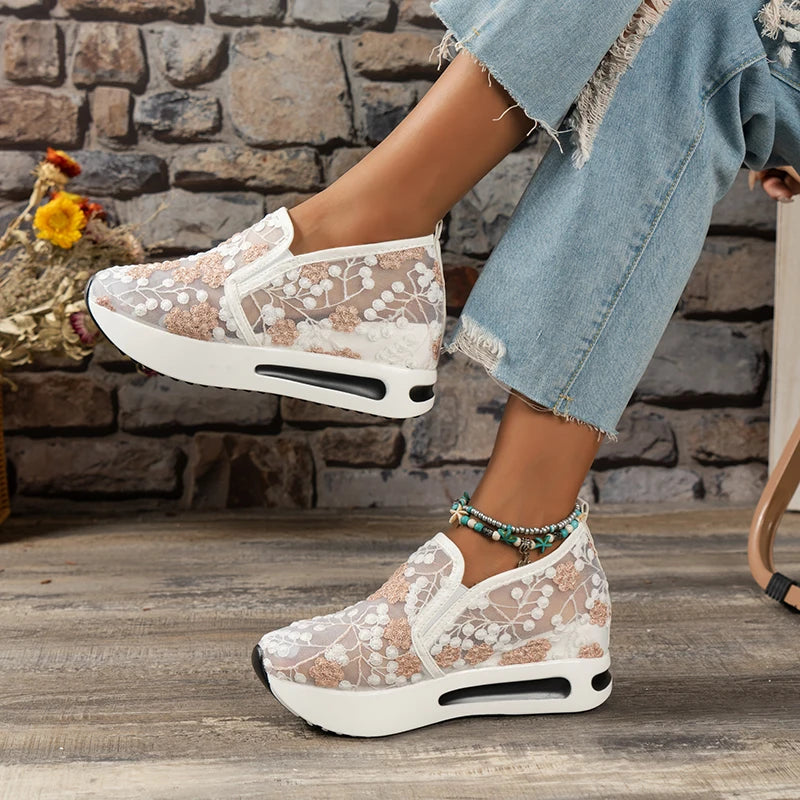 2025 New Women Casual Shoes Mesh Breathable Sneakers Thick Bottom Slip on Shoes Women Espadrille Lace Embroidered Women Sneakers Zpaxo