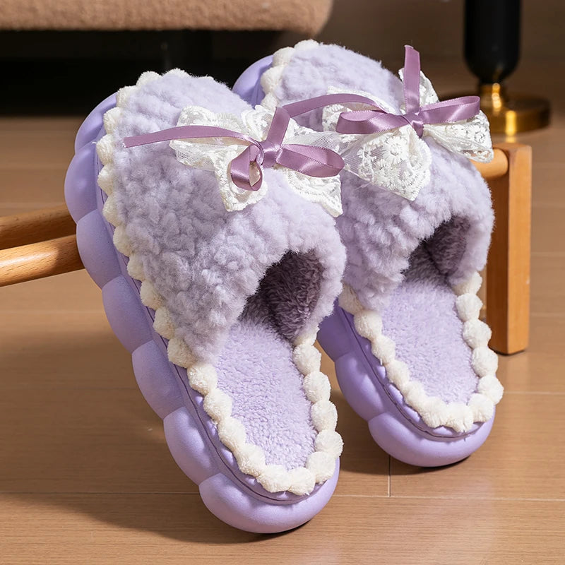 Winter Warm Fur Slippers Women Thick-soled Household Cute Bow Non Zpaxo purple 40-41
