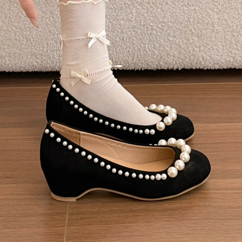 2026 Spring Autumn Vintage Solid Comfortable Pearl Embellishment Heel Zpaxo black 35