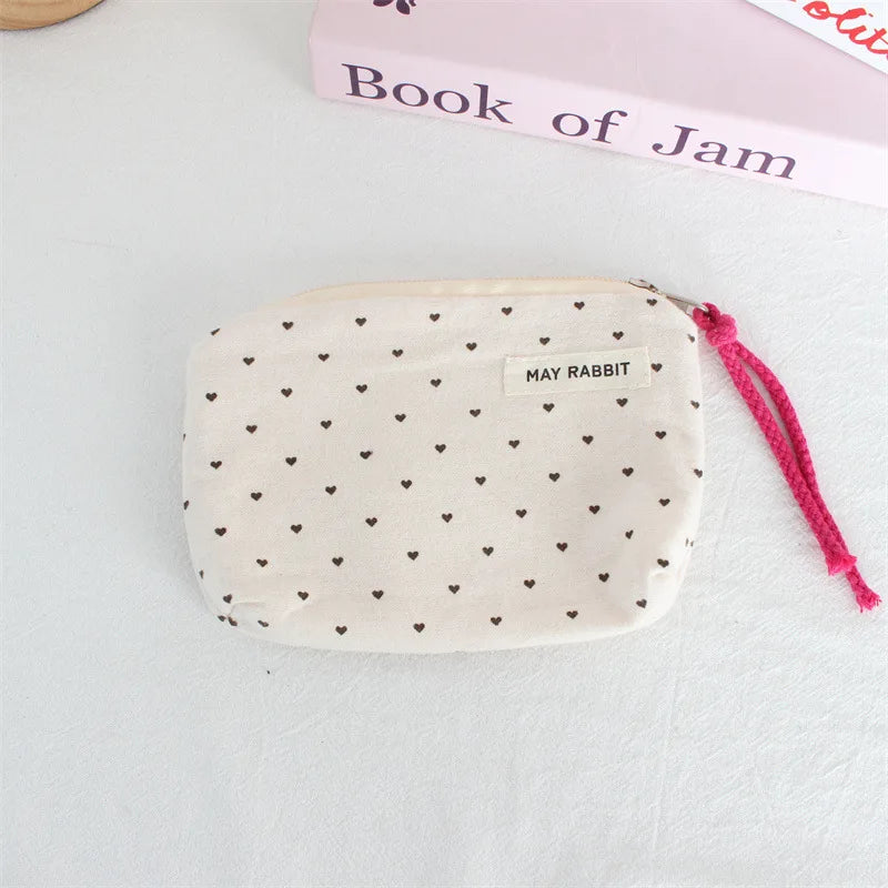 Korean Canvas Coin Purse – Polka Dot & Heart Mini Zipper Pouch Canvas Coin Purse Zpaxo D