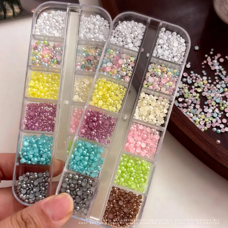 12-Grid 3D Pearl Nail Charms – Colorful Semi-Circle Bead Set