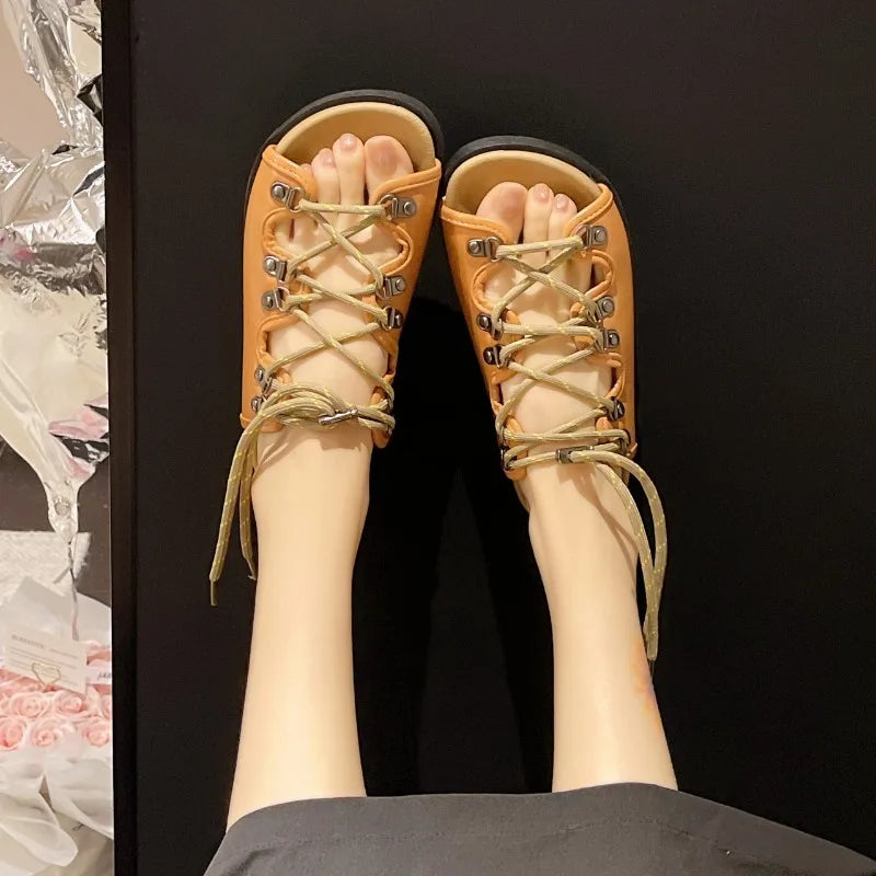 Lace-up Flat Slippers Women's Summer 2026 Open Toe Metal Buckle Zpaxo