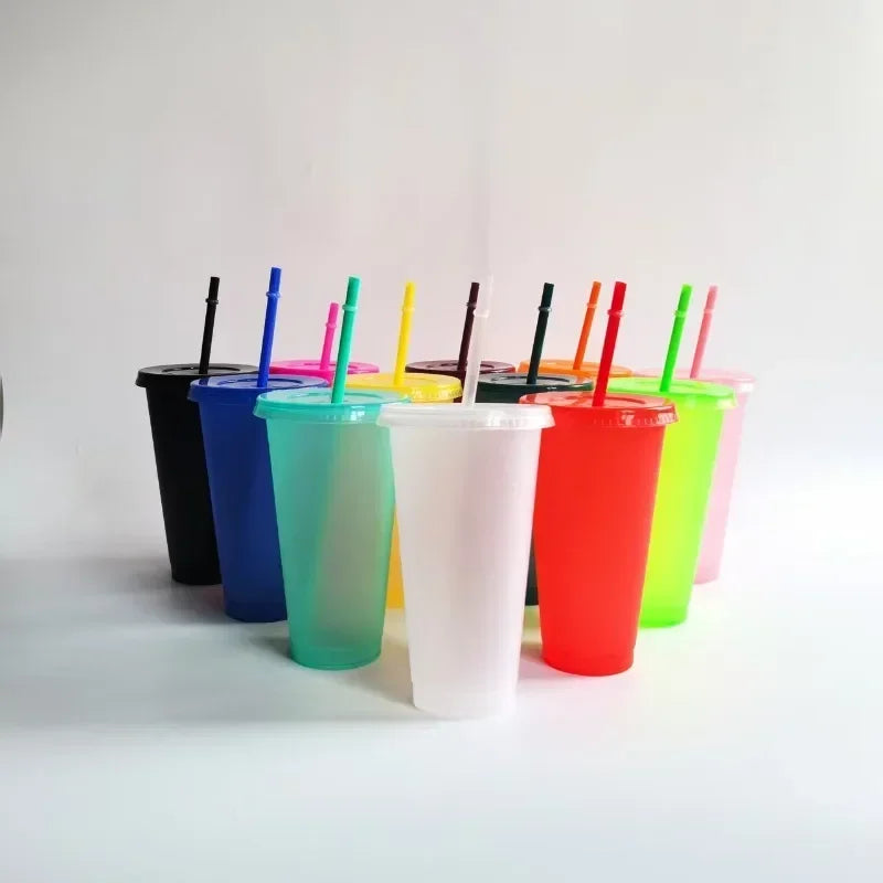 5pcs 710ml Assorted Solid Color Reusable 24oz Plastic Cold Cup Coloured Cup Colored Straw Cup Glasses with Straw and Lid liyi Zpaxo