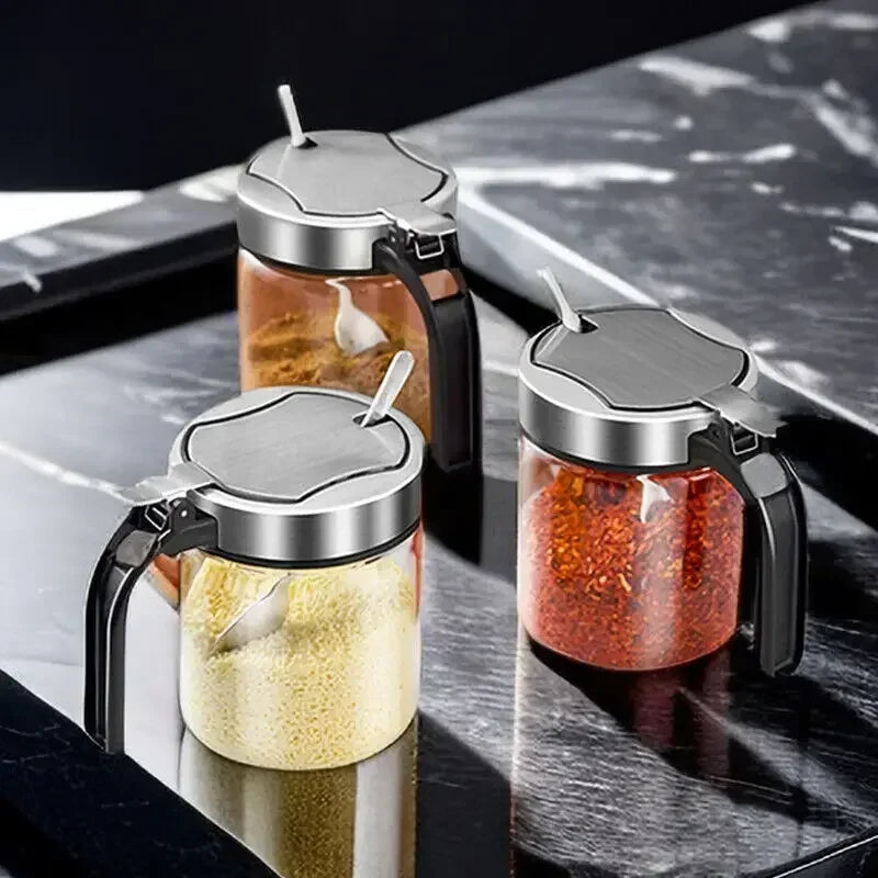 300ml Glass Seasoning Jar Stainless Steel Lid With Spoon Condiment Bottle Salt Shaker Kitchen Supplies Storage Set Spice Boxes Y Zpaxo