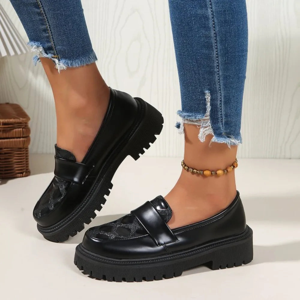 Casual Platform Loafers Woman 2025 British Black Brown PU Leather