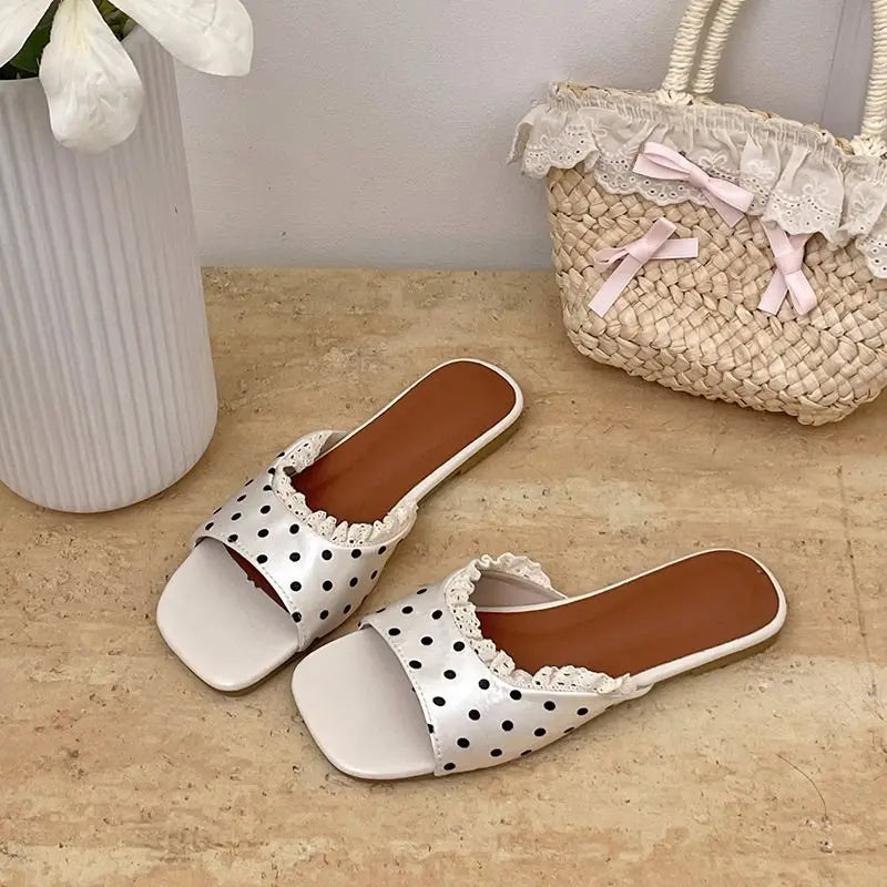 Summer Fashion Women Lace Polka Dot Slippers Concise Open Toe Slip