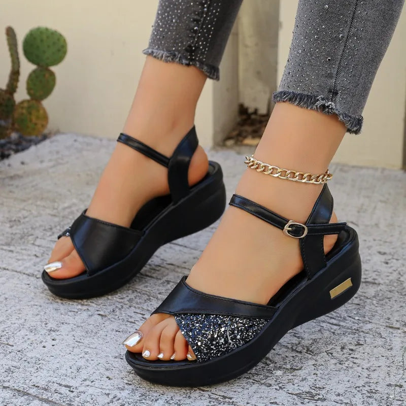 Women's Summer 2026 Bling Wedges Sandals Thick Sole Non Slip Zpaxo