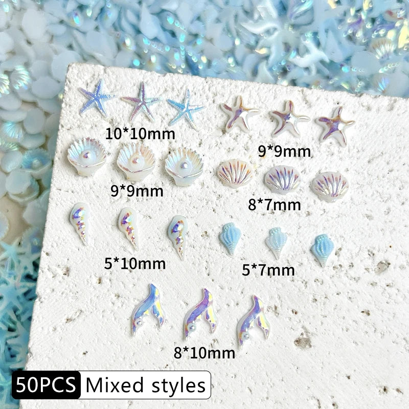 30PCS 3D Ocean Series Resin Nail Charms Summer Nail Rhinestones Creative Starfish Shell Nail Art Decorations for DIY Manicure Zpaxo Blue mixing-50pcs