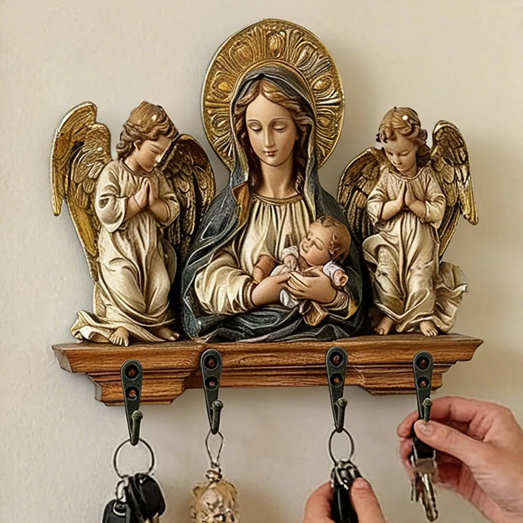 Key Holder Wall Mount Wood Religious Space Saving Hanger 4 Hooks
