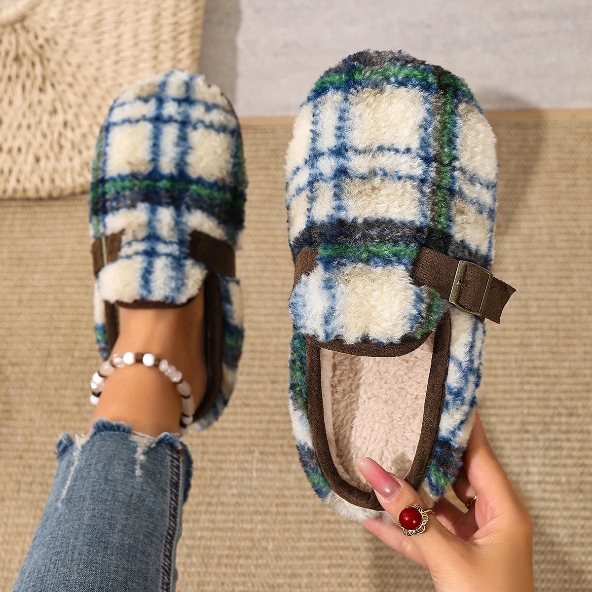 Women Slippers Fashion Outer Wear Style Women Cotton Slippers Retro Autumn Winter Warm Soft-soled Cotton Shoes Home Slides Women Zpaxo Blue 40-41