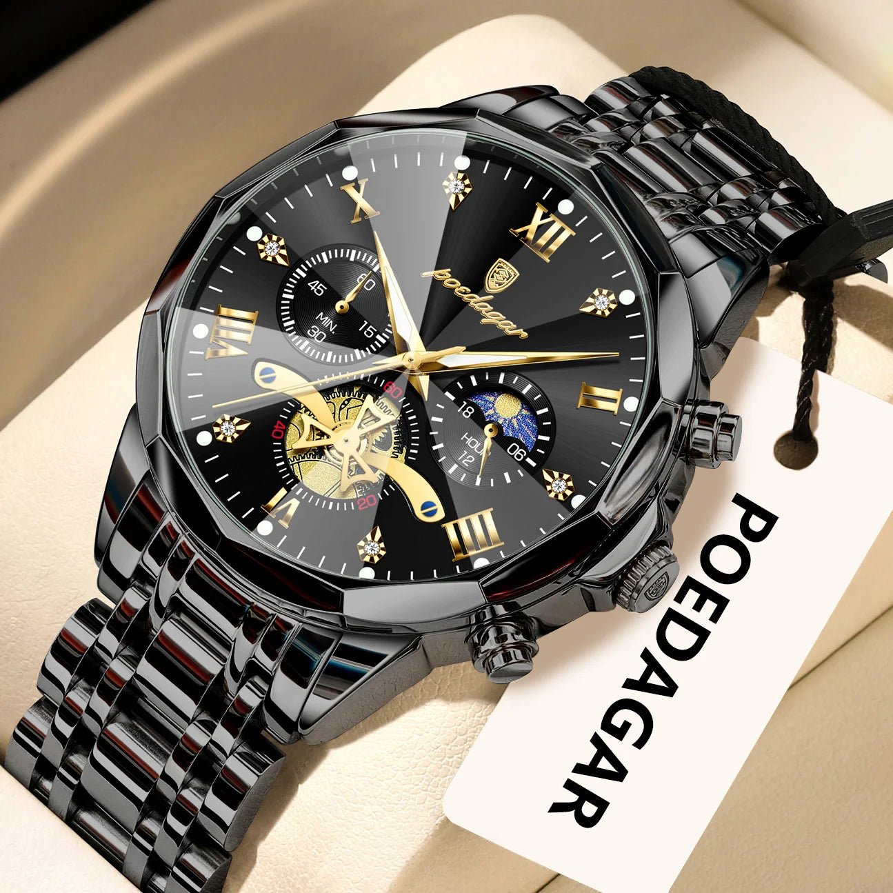 POEDAGAR Luxury Original Men Watch Waterproof Luminous Chronograph Man Wristwatch Stainless Steel Quartz Top Men's Watches Reloj Zpaxo 938 Black Black