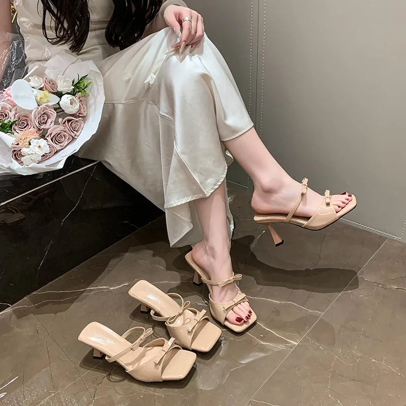 Beautiful Butterfly Knot Line Heels Slippers Summer Pointed Fine Open