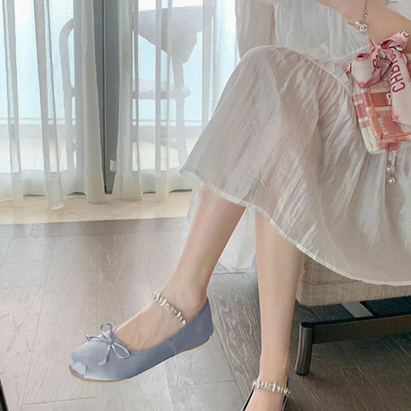Flats Shoes for Women New Summer Spring Super Soft Diamond Round Toe Silk Ballet Shoes Flat Bottom Mary Jane Shoes Girl Shoes Zpaxo