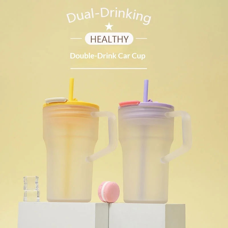 680ML Student Summer Frosted Tea Cup, Korean Style Large Capacity Handle Plastic Double Drinking Straw Cup, Ice King Water Cup Zpaxo