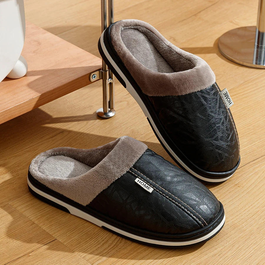 Mens Winter Slippers PU Leather Waterproof Indoor House Shoes Big