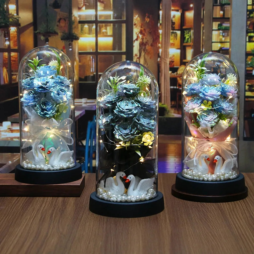Glass Dome Rose Ornament with LED Night Light – Handmade Gift