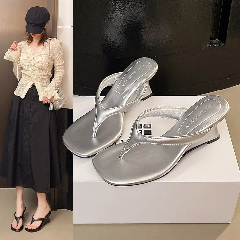 French Sandals Clip Flip-flops Fairy Shoes Summer Outwear Heightened New Simple Clip Toe Wedge Sandals Zpaxo