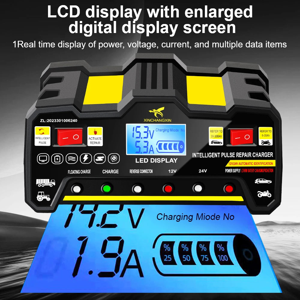 Full Automatic Car Battery Charger Wet Dry Lead Acid LCD Display