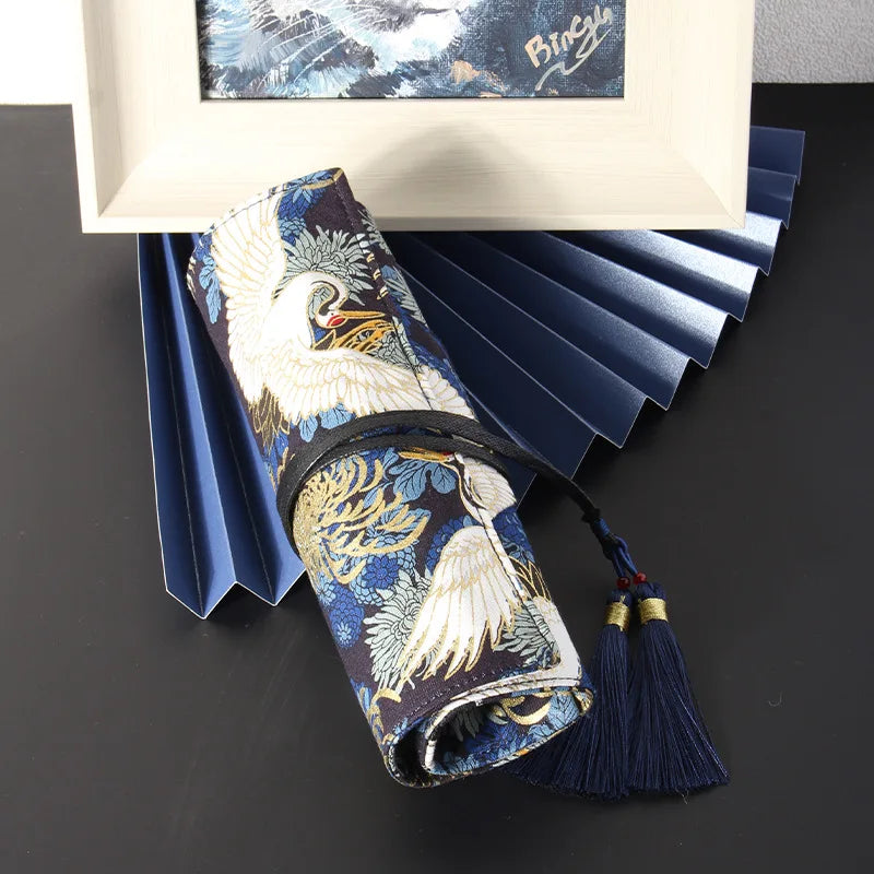 Japanese Retro Chinese Style Gold Foil Canvas Pen Case Student Minimalist Large Capacity Pencil Bag Zpaxo