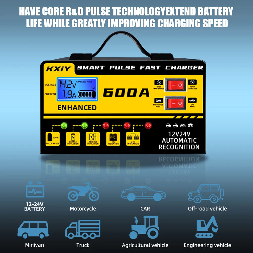 Car Battery Charger 12V 24V 600A Digital LCD Display Automatic Stop