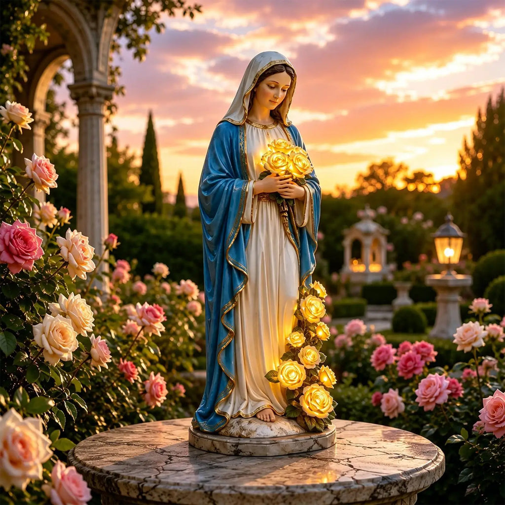 Virgin Mary Garden Statue Lighting Roses Resin Religious Figurine