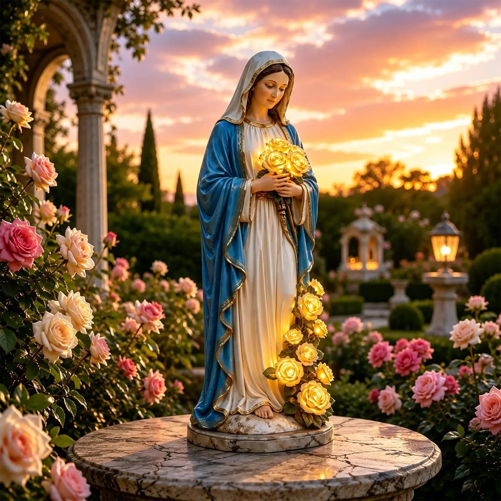 Virgin Mary Garden Statue Lighting Roses Resin Religious Figurine
