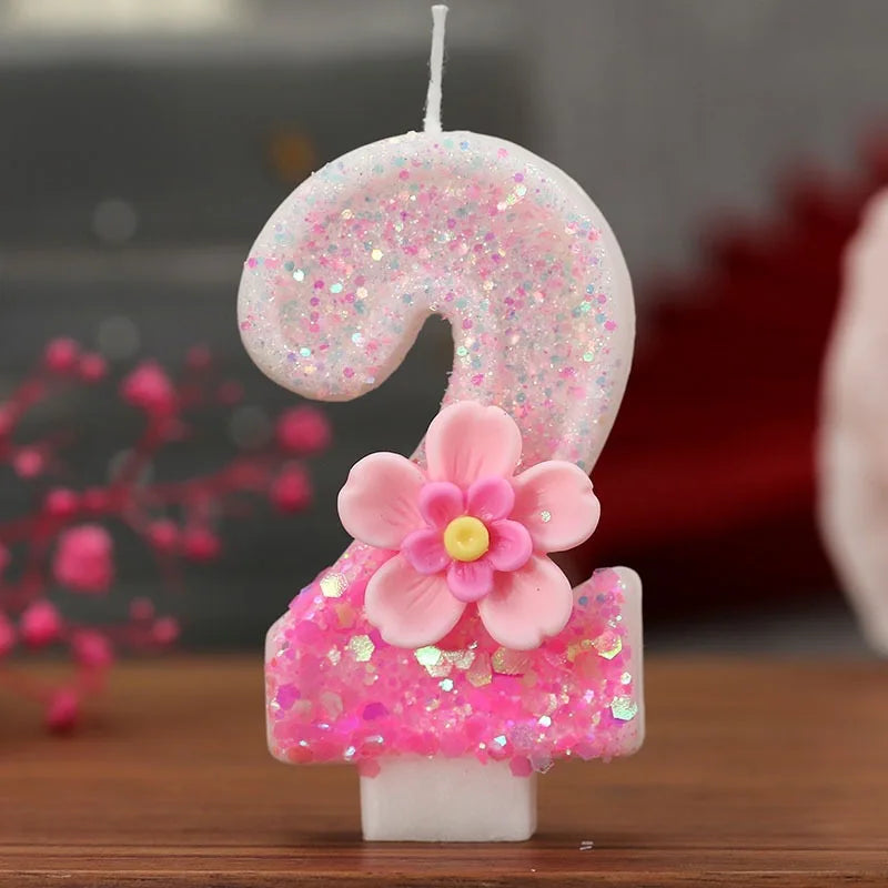 Creative Birthday Candles Pink Gradient Glitter Flower Number Cake