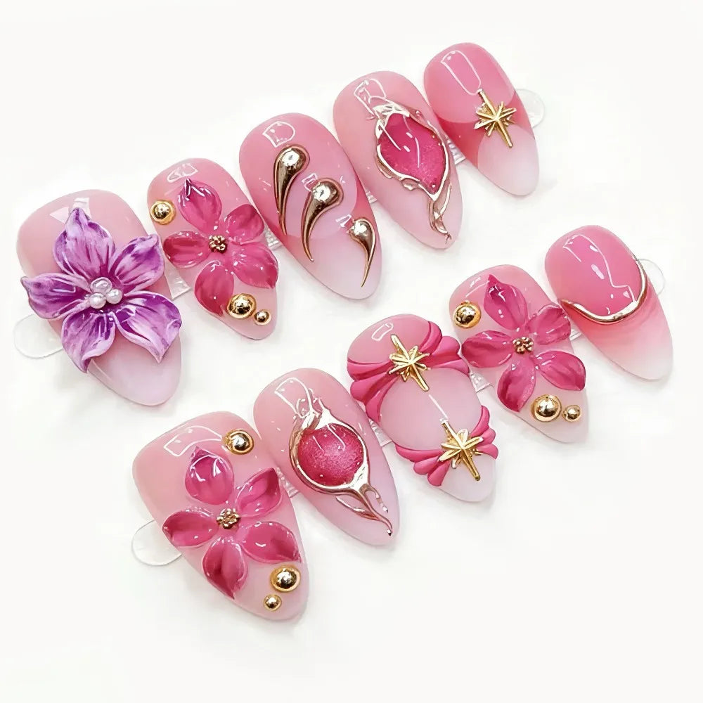 Reusable Handmade Summer 3D Nails Wearable Manicure Full Cover Jelly Gel Fake Nails Artificial Easy To Wear French False Nails Zpaxo A