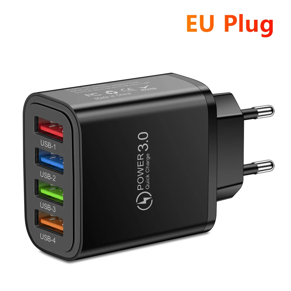 40W 4-Port USB Wall Charger QC 3.0 Fast Charging Adapter USB Wall Charger Zpaxo EU Black