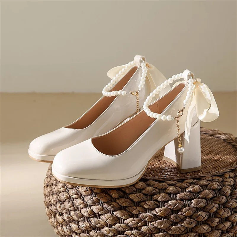 Ladies Heels Elegant Bow Square Toe Black Fashion Women's Pumps Thick Zpaxo