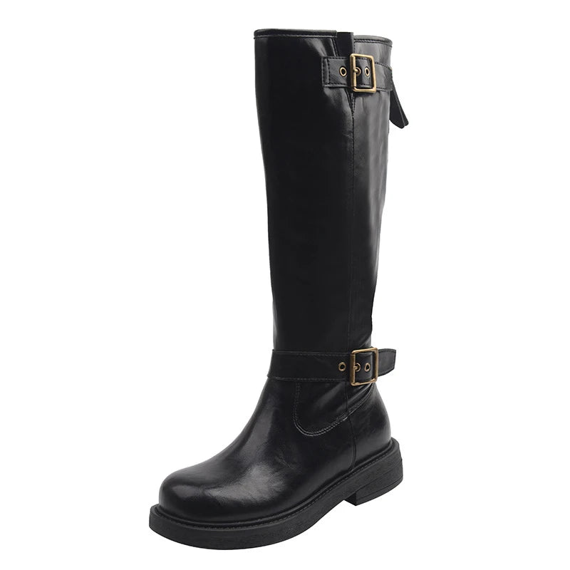 Womens Black Leather Square Toe Knee Boots Buckle Straps Chunky Zpaxo Black Big Tube 43 China Mainland