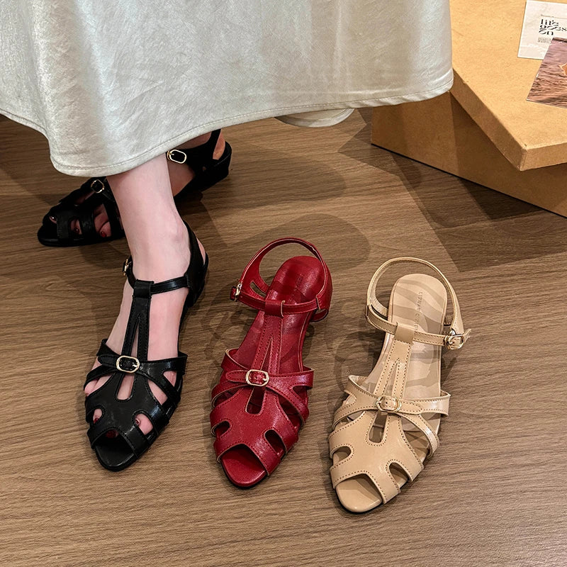 Women's Pointed Closed Toe Solid Vintage Mid Heel Sandals Women Zpaxo