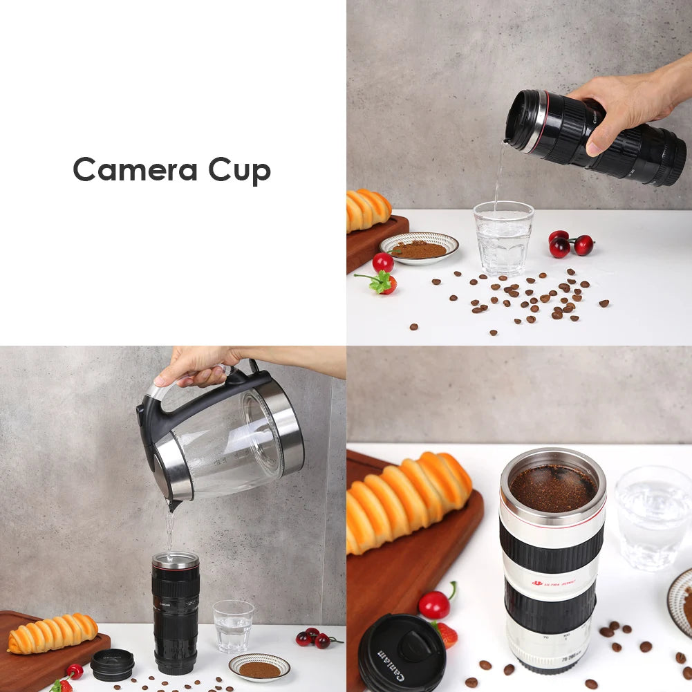 400mL Stainless Steel Coffee Tea Mug Camera Lens Shaped Water Cup with Lid Gifts Zpaxo