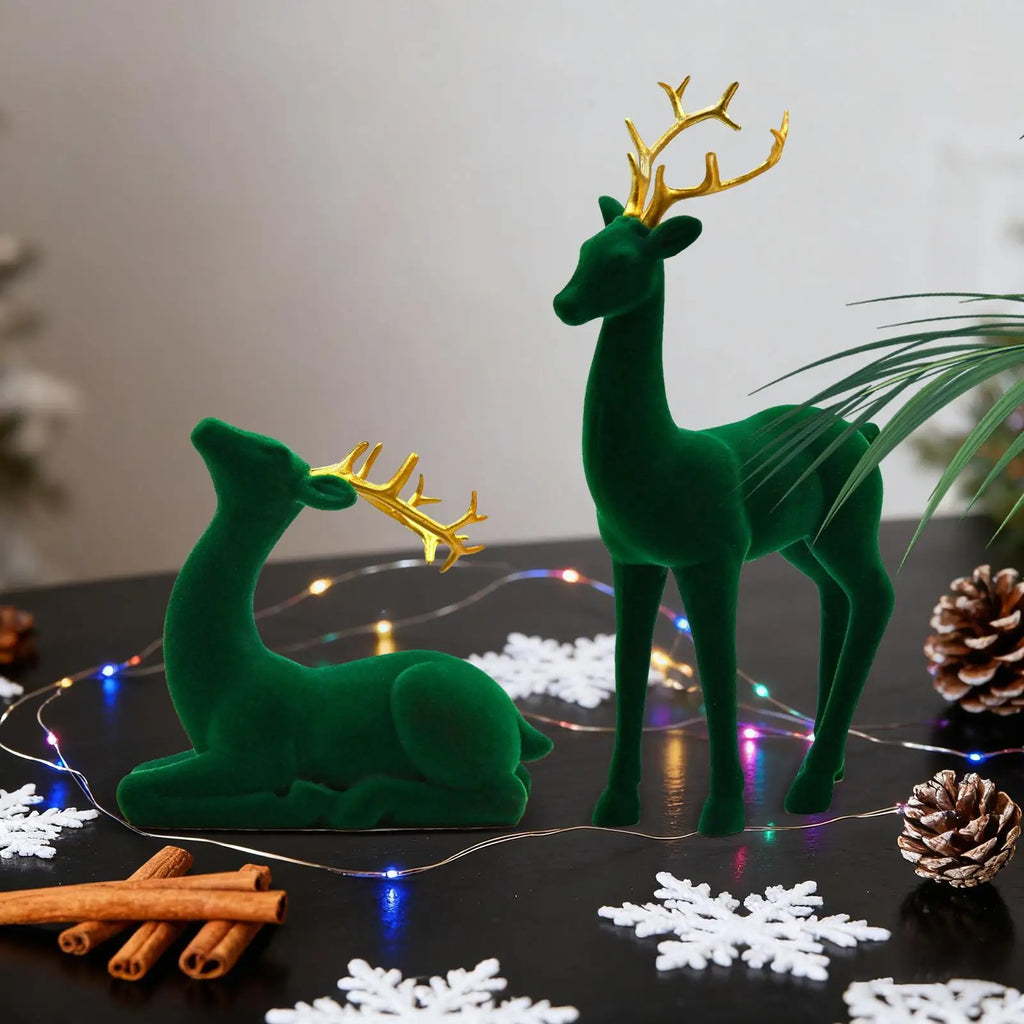 Reindeer Christmas Decor Flocking Deer Figures 2 Red Green Aesthetic