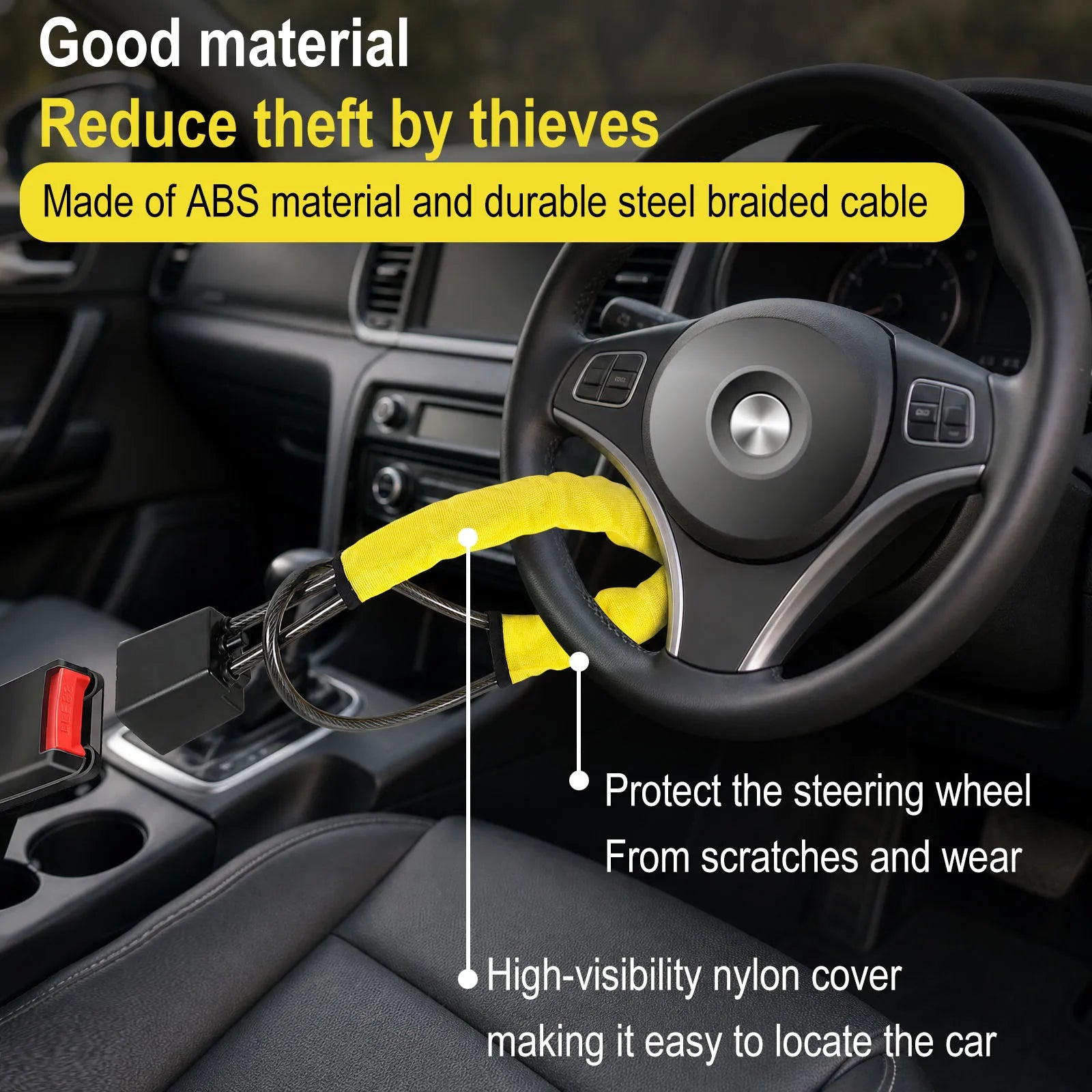 Car Steering Wheel Lock Anti Theft Seat Belt Braided Steel Cable