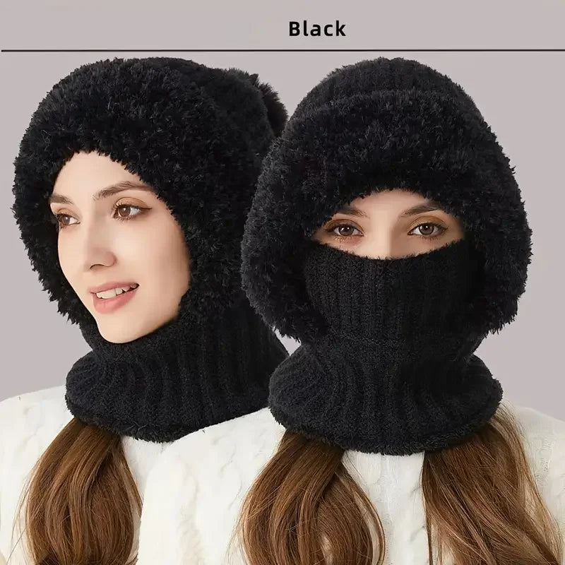 Winter Fleece-lined Knit Hat Ear Protection Windproof Integrated Hood