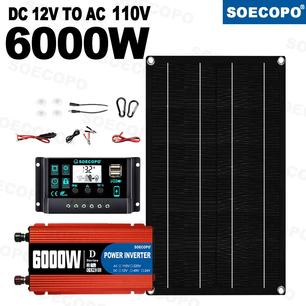 SOECOPO 6000W Solar Power System 800W Panel 100A Controller Alligator Clips Carabiner Hooks 12V to 110V 220V for Home RV CE FCC Zpaxo 110V solar kit