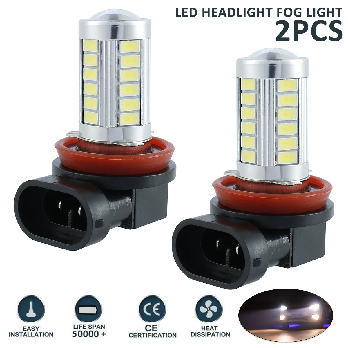 2Pcs H8/H11 Auto LED Fog Light Bulbs 660LM 6000K White Car Driving Running Lamp 12V Plug and Play Car Attachment Replacement Zpaxo