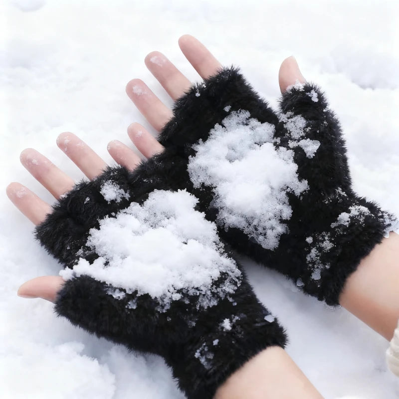 Women Men Half Finger Winter Imitation Mink Cashmere Gloves Touch Screen Writing Woolen Warm Mittens For Driving Outdoor Sports Zpaxo
