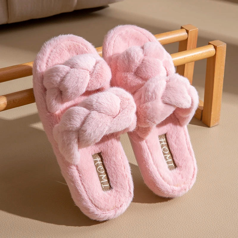 SHAJI Womens Open Toe Criss Cross Fuzzy Plush Cloud Cushion Slides