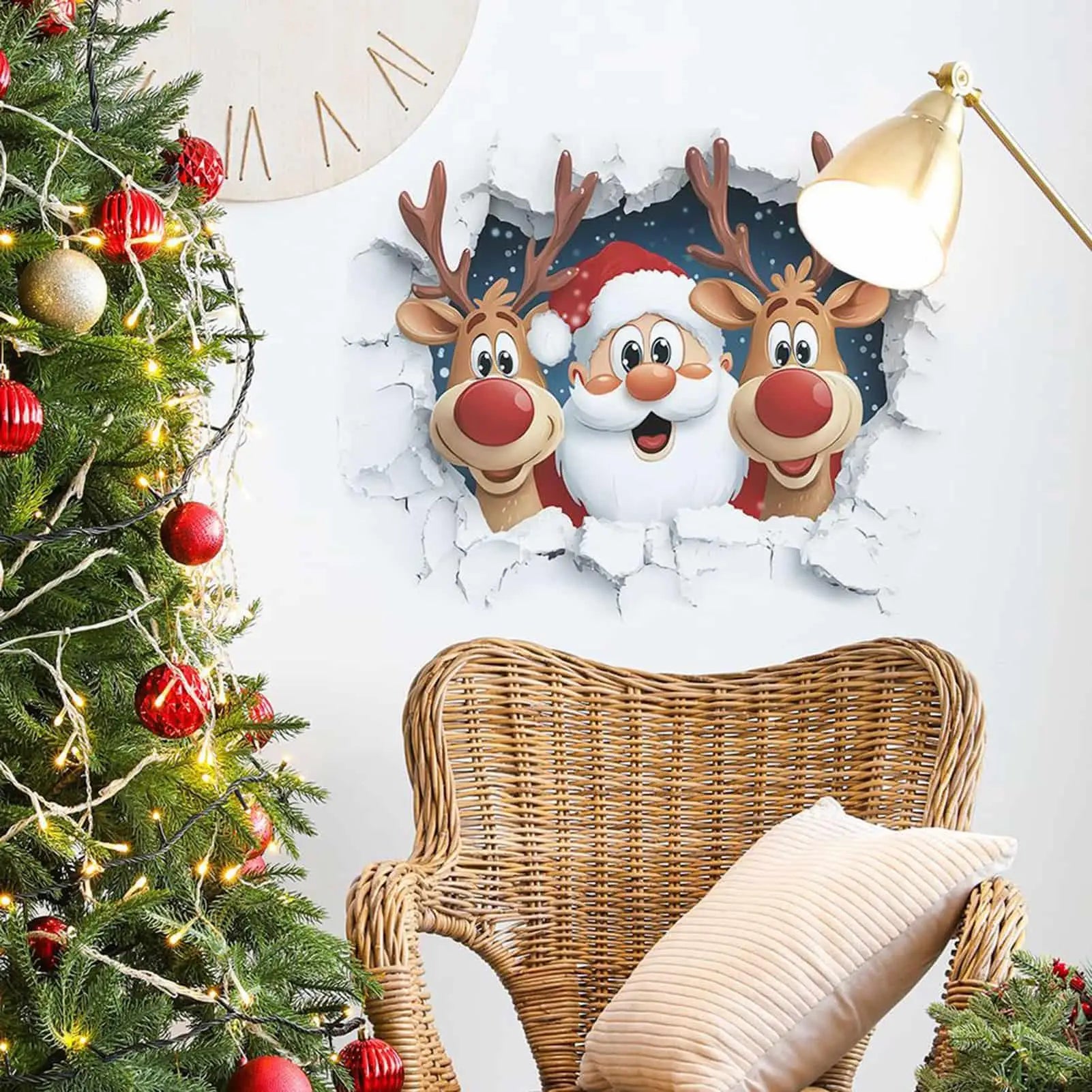 3D Effect Wall Decal Sticker Removable Breaking Santa Claus Reindeer
