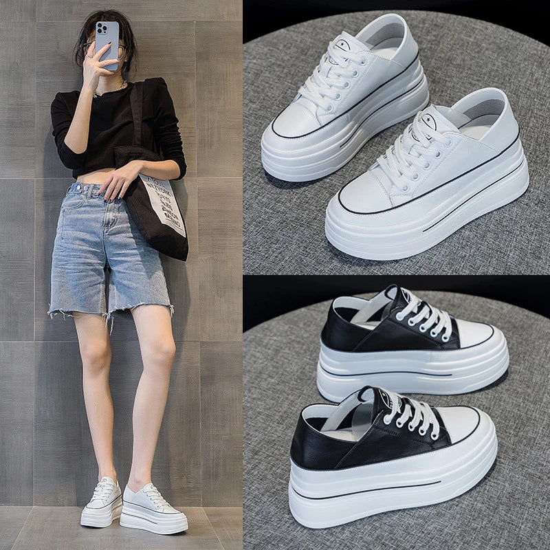 Women Comfortable Platform White Black Sneakers Two-way Wearable Zpaxo